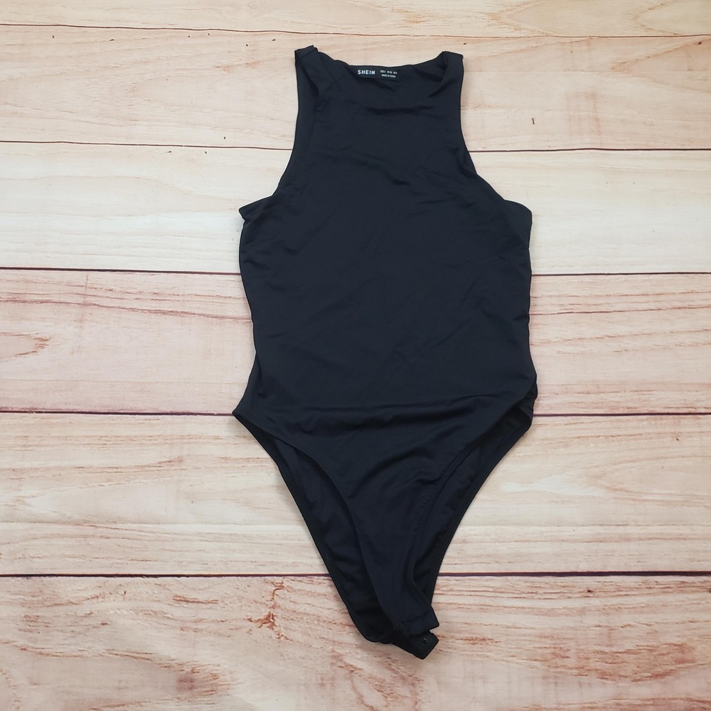 SHEIN Bodysuit Womens Small Black High Neck Sleeveless Snap Crotch Stretch
